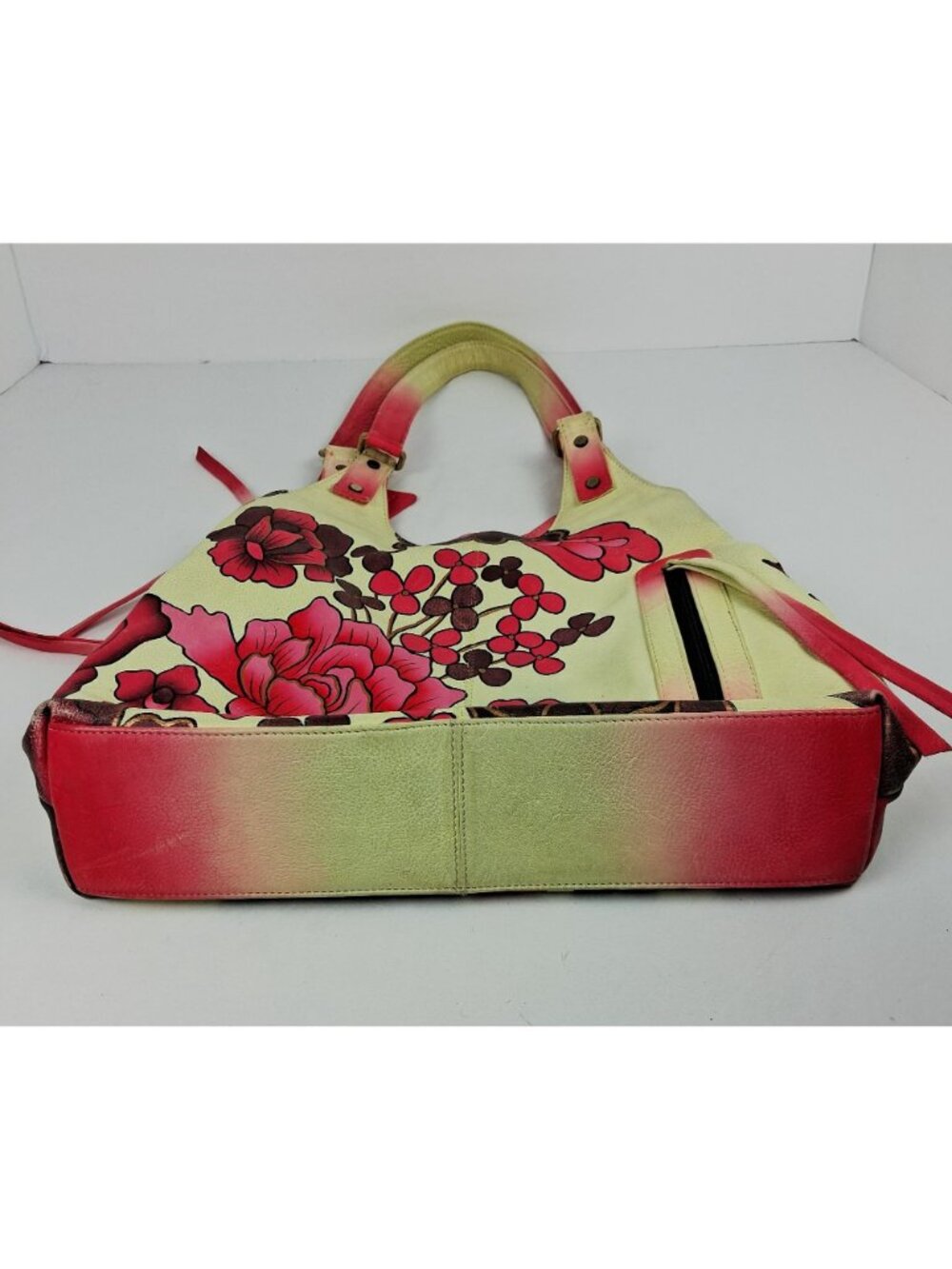 Retro 60s 70s Red Cream Floral Genuine Soft Leather Shoulder Bag Double Handle - Picture 3 of 16